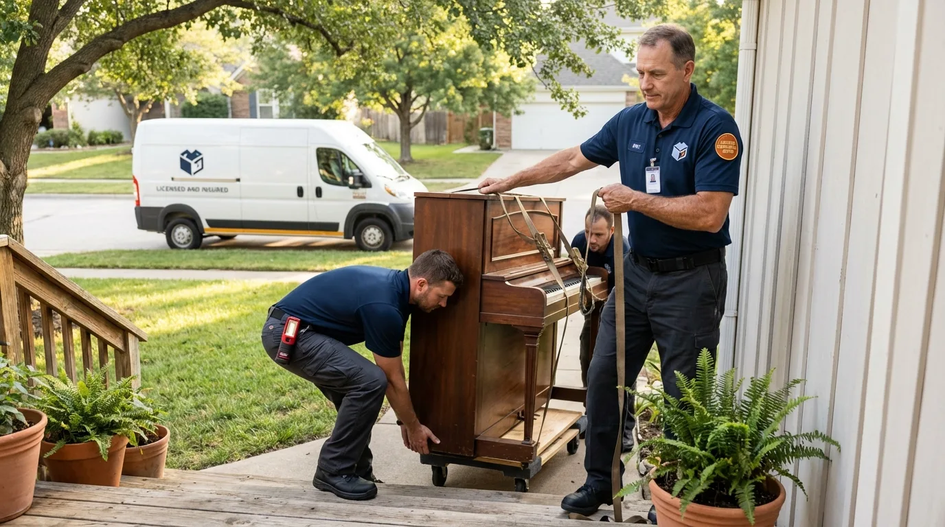 Licensed piano movers securing grand piano in Eldora, IA