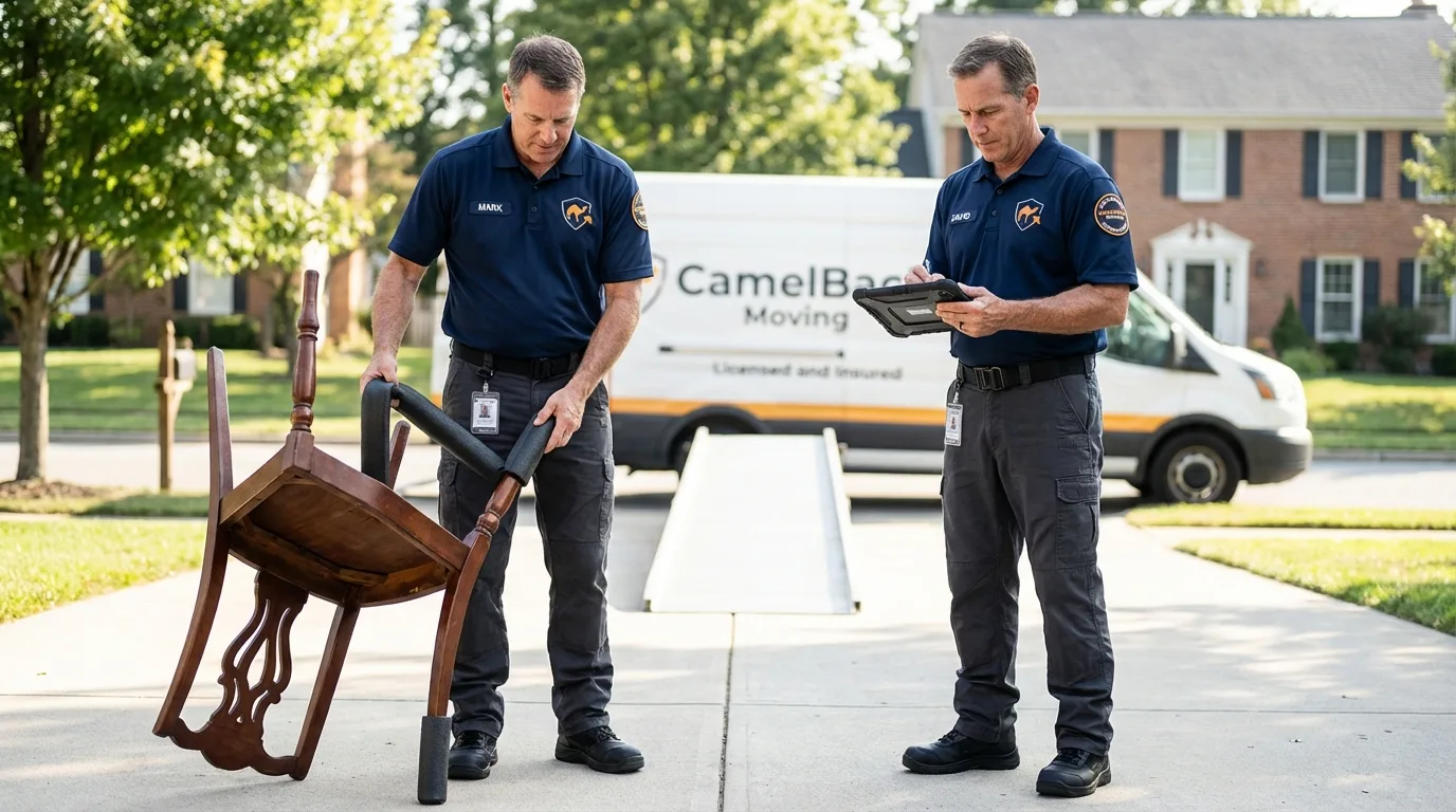 Movers inspecting furniture for damage prevention before loading in Eldora, IA